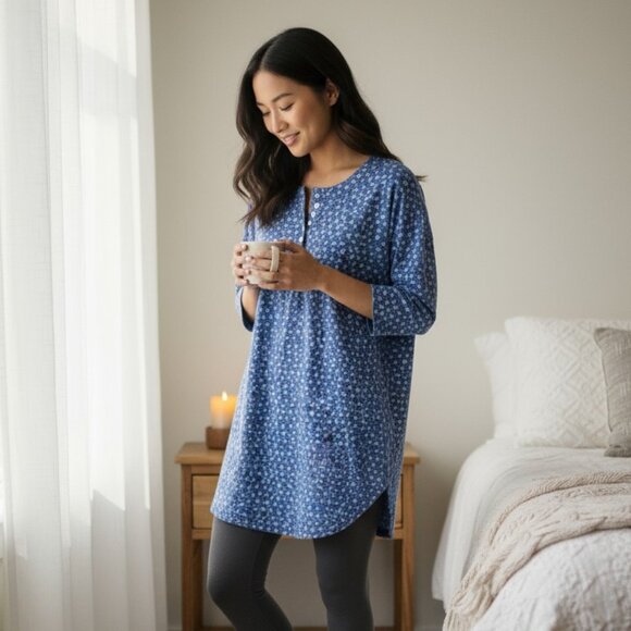 Charter Club Other - Charter Club Blue Floral Henley Nightshirt Cotton Long Sleeve P/S Classic Cabin